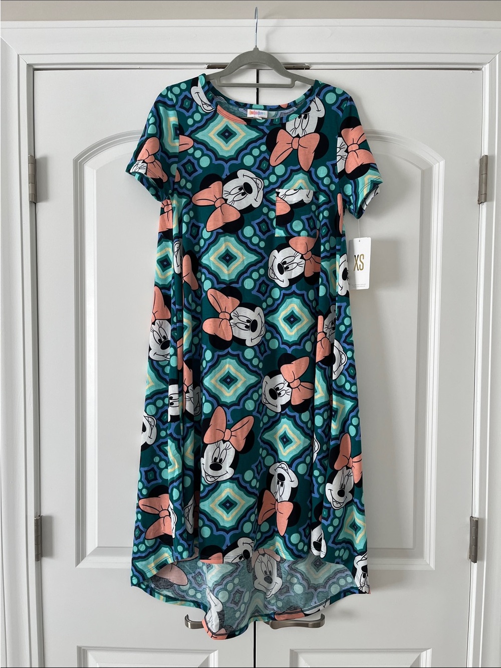 LuLaRoe Women's High-Low Dress in Navy with Teal & Coral Minnie Print NWT